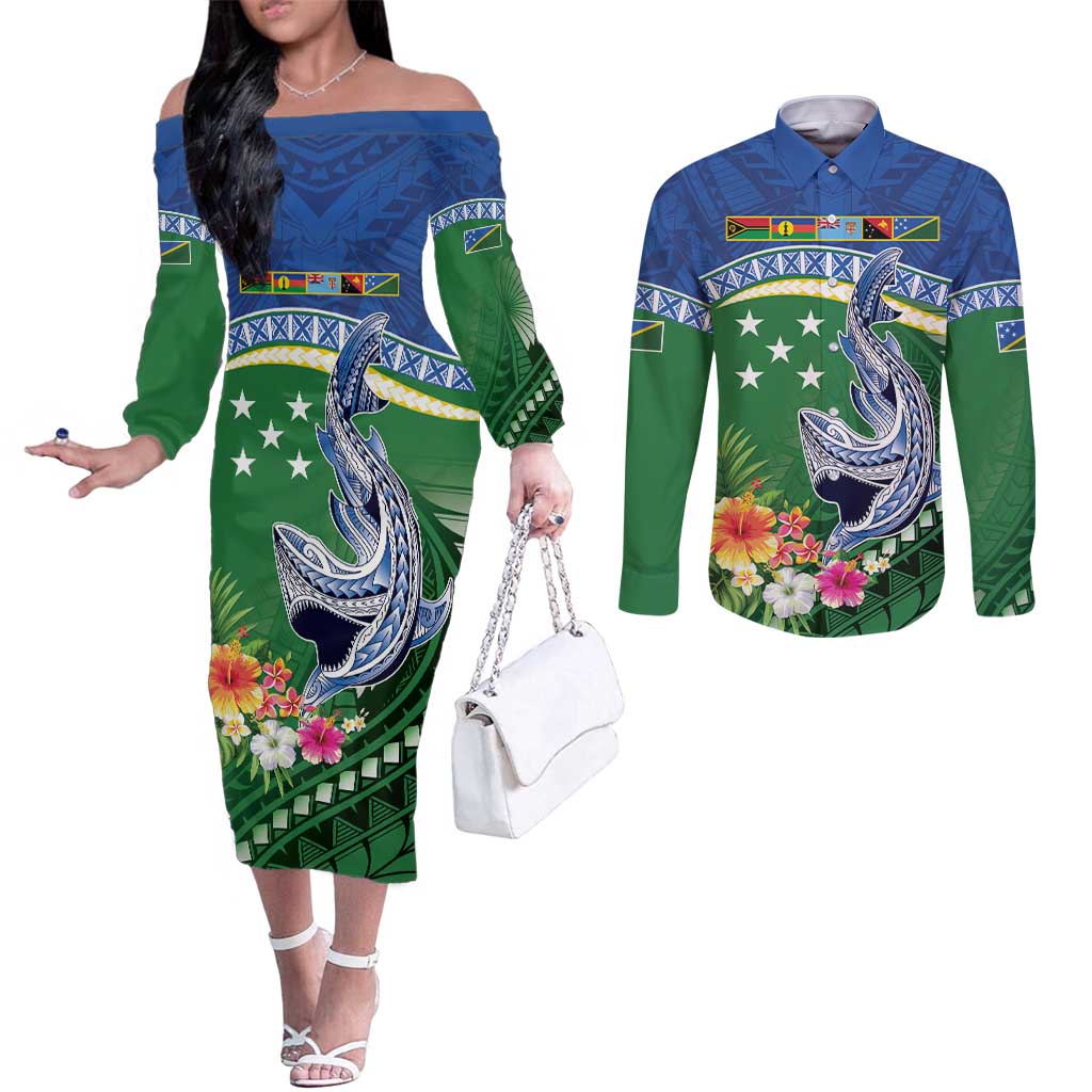 Melanesian Solomon Islands Couples Matching Off The Shoulder Long Sleeve Dress and Long Sleeve Button Shirt Tropical Shark Tattoo LT9 Blue - Polynesian Pride