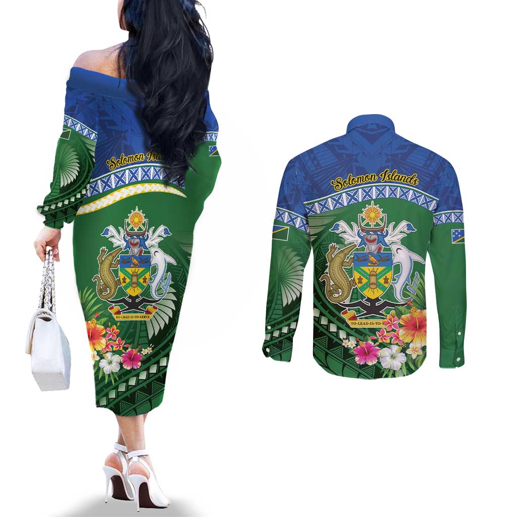 Melanesian Solomon Islands Couples Matching Off The Shoulder Long Sleeve Dress and Long Sleeve Button Shirt Tropical Shark Tattoo