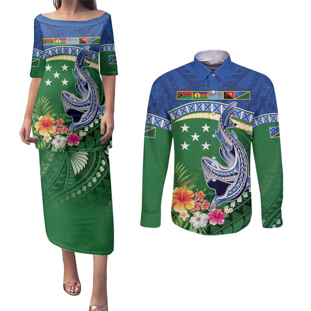 Melanesian Solomon Islands Couples Matching Puletasi and Long Sleeve Button Shirt Tropical Shark Tattoo LT9 Blue - Polynesian Pride