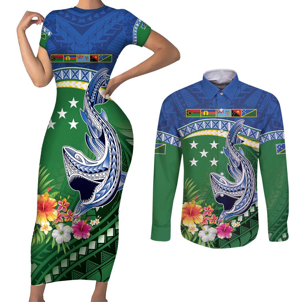 Melanesian Solomon Islands Couples Matching Short Sleeve Bodycon Dress and Long Sleeve Button Shirt Tropical Shark Tattoo LT9 Blue - Polynesian Pride
