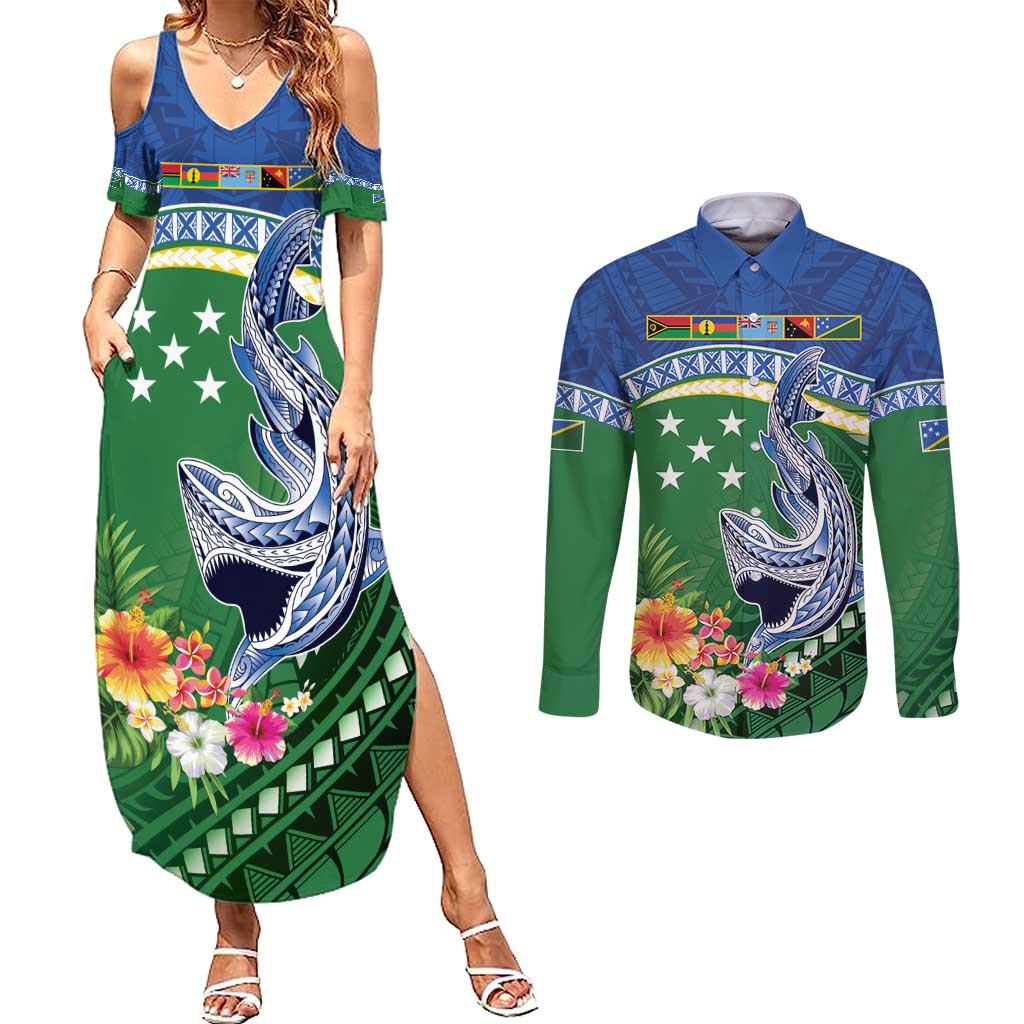 Melanesian Solomon Islands Couples Matching Summer Maxi Dress and Long Sleeve Button Shirt Tropical Shark Tattoo LT9 Blue - Polynesian Pride