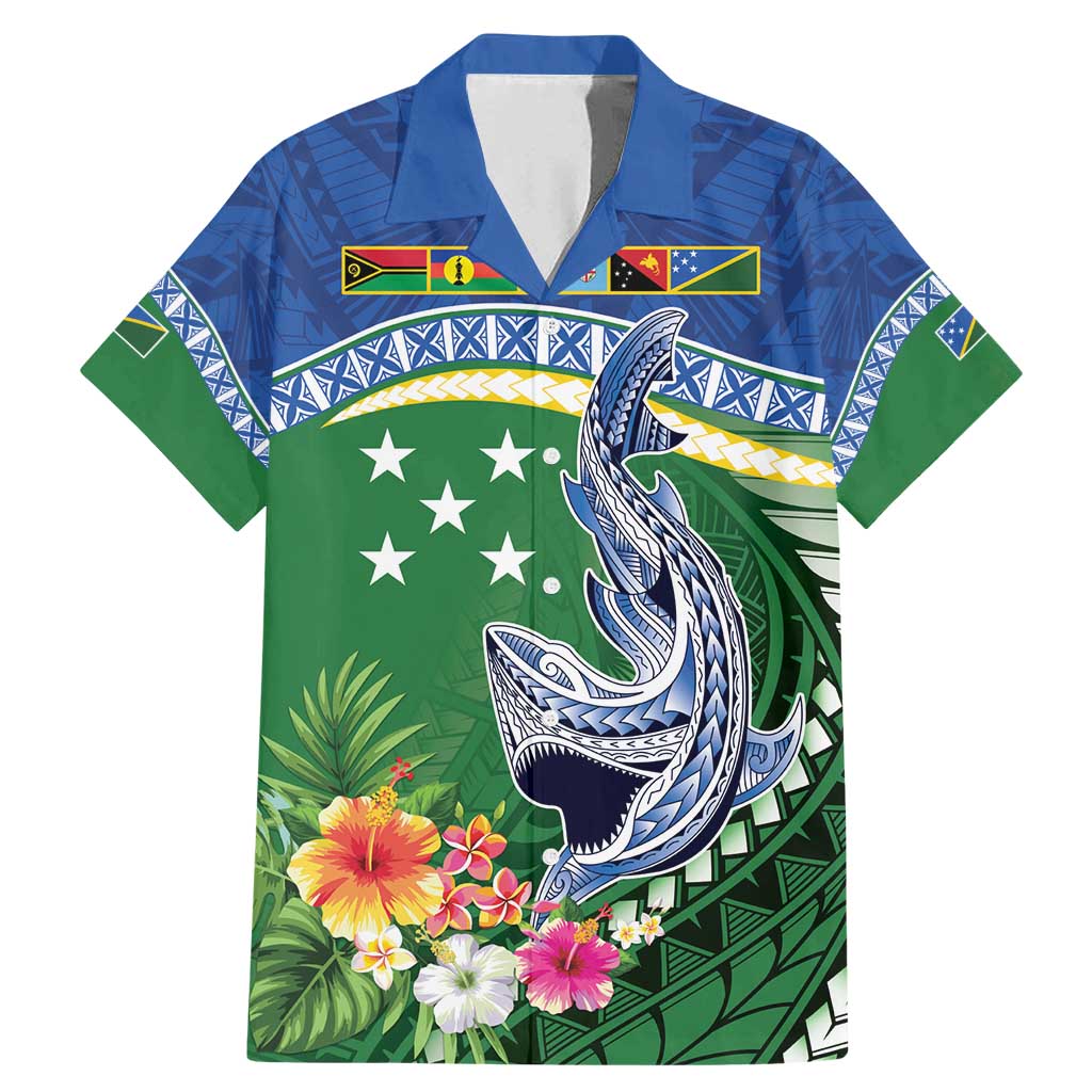 Melanesian Solomon Islands Family Matching Mermaid Dress and Hawaiian Shirt Tropical Shark Tattoo LT9 Dad's Shirt - Short Sleeve Blue - Polynesian Pride