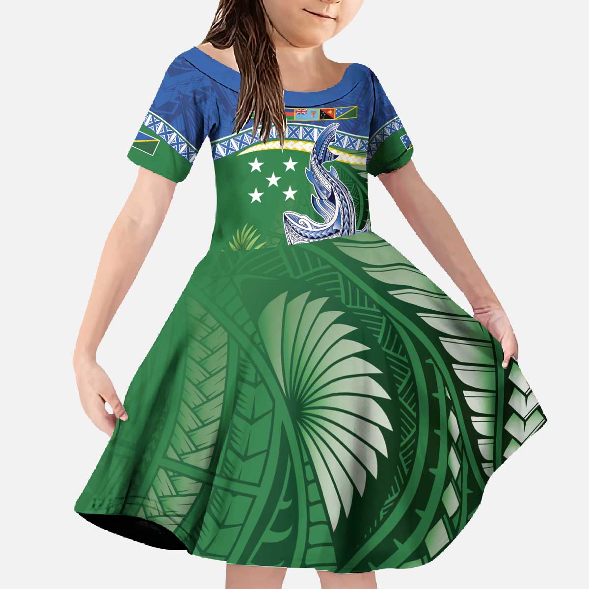 Melanesian Solomon Islands Family Matching Off The Shoulder Long Sleeve Dress and Hawaiian Shirt Tropical Shark Tattoo LT9 Daughter's Dress Blue - Polynesian Pride