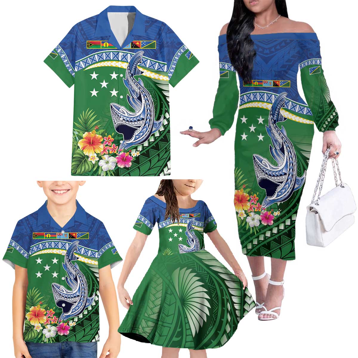 Melanesian Solomon Islands Family Matching Off The Shoulder Long Sleeve Dress and Hawaiian Shirt Tropical Shark Tattoo LT9 - Polynesian Pride