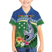 Melanesian Solomon Islands Family Matching Off The Shoulder Long Sleeve Dress and Hawaiian Shirt Tropical Shark Tattoo LT9 Son's Shirt Blue - Polynesian Pride