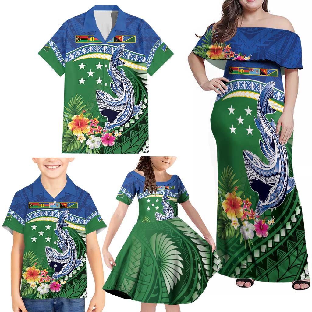 Melanesian Solomon Islands Family Matching Off Shoulder Maxi Dress and Hawaiian Shirt Tropical Shark Tattoo LT9 - Polynesian Pride