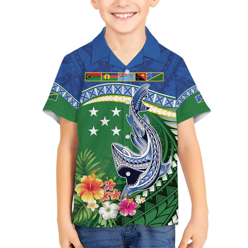 Melanesian Solomon Islands Family Matching Off Shoulder Maxi Dress and Hawaiian Shirt Tropical Shark Tattoo LT9 Son's Shirt Blue - Polynesian Pride