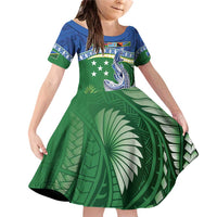 Melanesian Solomon Islands Family Matching Off Shoulder Short Dress and Hawaiian Shirt Tropical Shark Tattoo LT9 Daughter's Dress Blue - Polynesian Pride