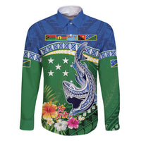 Melanesian Solomon Islands Family Matching Off Shoulder Short Dress and Hawaiian Shirt Tropical Shark Tattoo LT9 Dad's Shirt - Long Sleeve Blue - Polynesian Pride