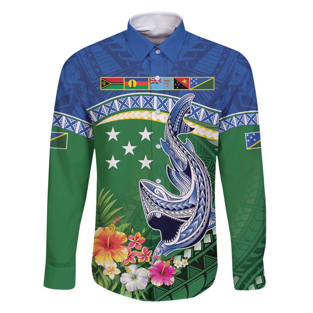 Melanesian Solomon Islands Family Matching Tank Maxi Dress and Hawaiian Shirt Tropical Shark Tattoo LT9 Dad's Shirt - Long Sleeve Blue - Polynesian Pride