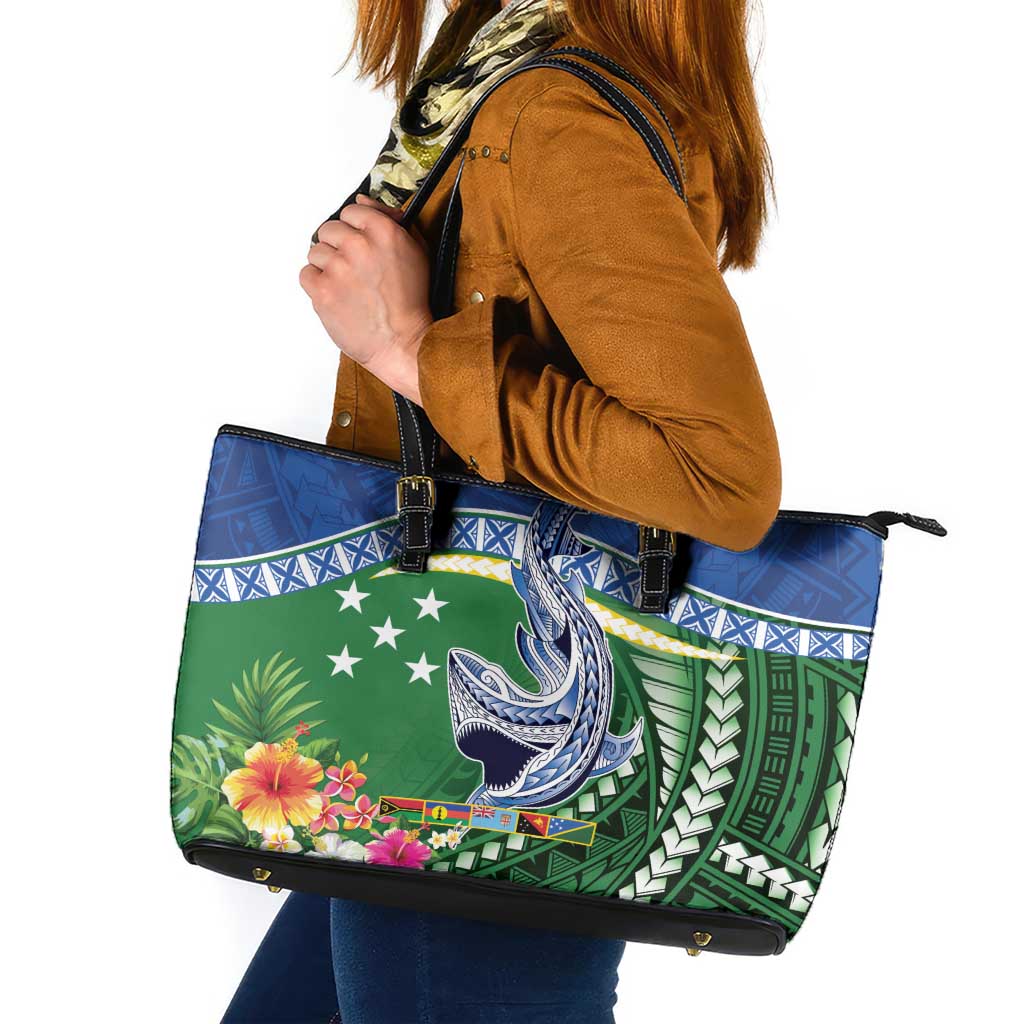 Melanesian Solomon Islands Leather Tote Bag Tropical Shark Tattoo LT9 Blue - Polynesian Pride