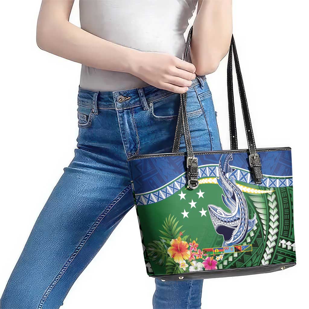 Melanesian Solomon Islands Leather Tote Bag Tropical Shark Tattoo