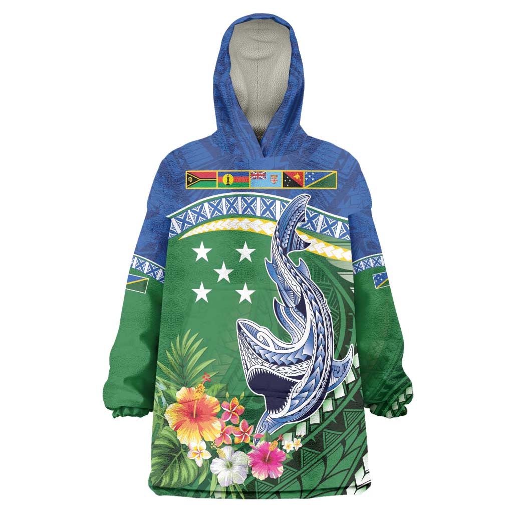 Melanesian Solomon Islands Wearable Blanket Hoodie Tropical Shark Tattoo LT9 One Size Blue - Polynesian Pride