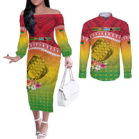 Melanesian Ni-Vanuatu Couples Matching Off The Shoulder Long Sleeve Dress and Long Sleeve Button Shirt Sea Turtle with Sand Drawing Pattern