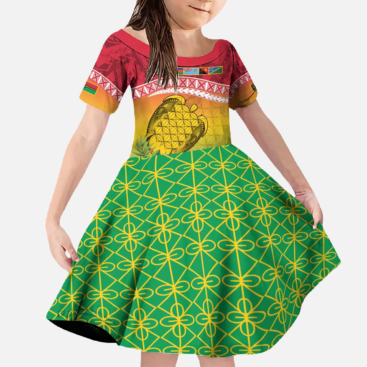 Melanesian Ni-Vanuatu Family Matching Off The Shoulder Long Sleeve Dress and Hawaiian Shirt Sea Turtle with Sand Drawing Pattern LT9 Daughter's Dress Reggae - Polynesian Pride