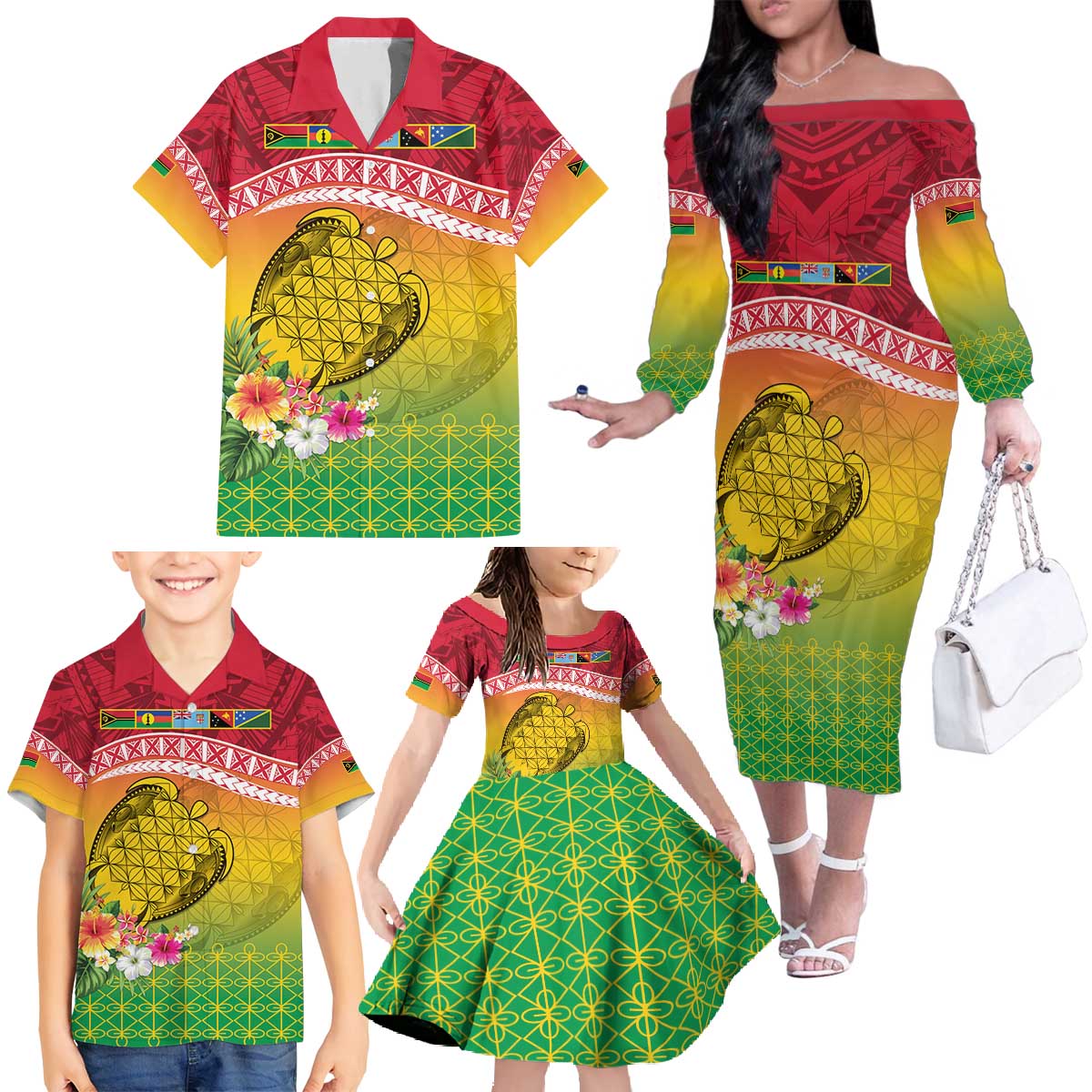 Melanesian Ni-Vanuatu Family Matching Off The Shoulder Long Sleeve Dress and Hawaiian Shirt Sea Turtle with Sand Drawing Pattern LT9 - Polynesian Pride