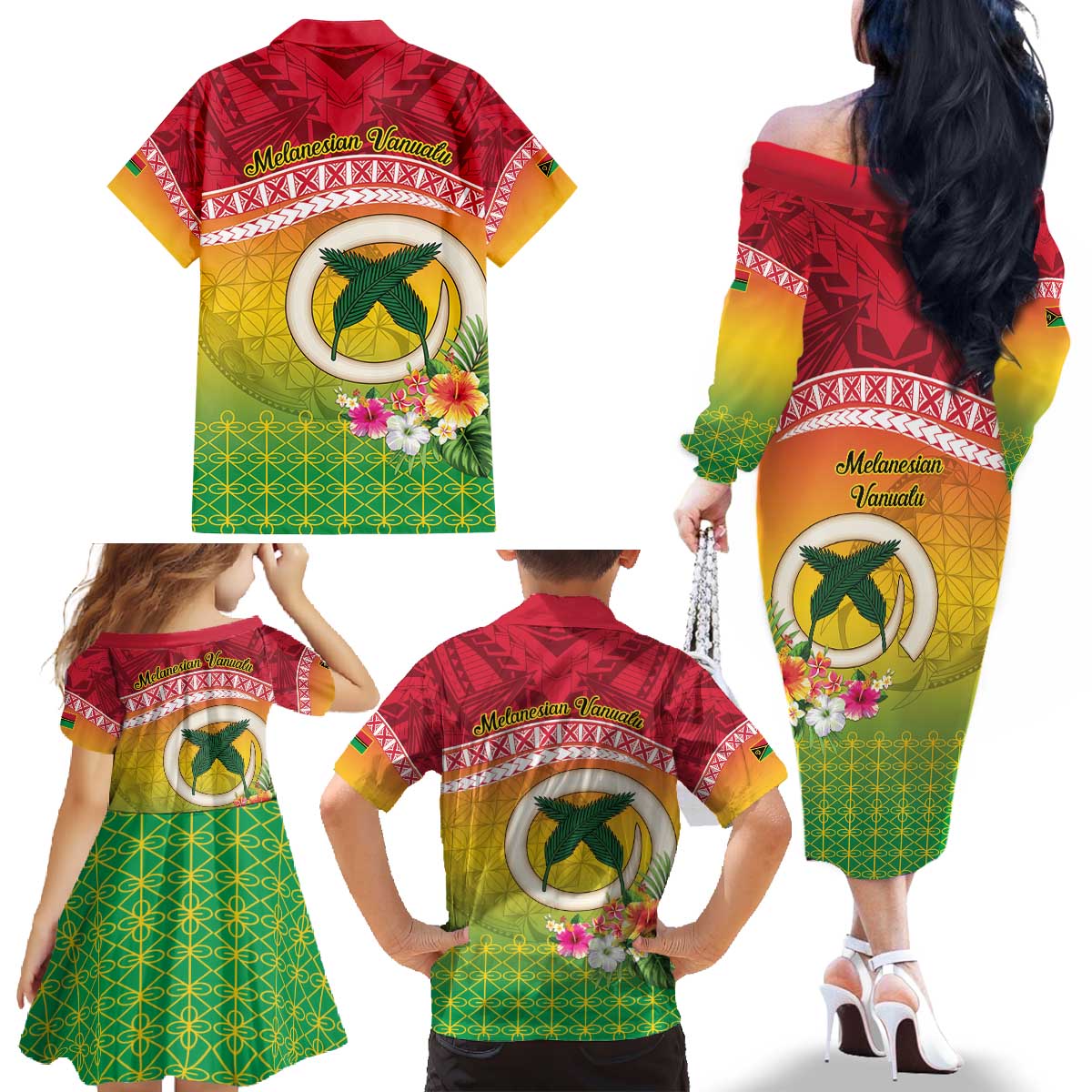 Melanesian Ni-Vanuatu Family Matching Off The Shoulder Long Sleeve Dress and Hawaiian Shirt Sea Turtle with Sand Drawing Pattern LT9 - Polynesian Pride