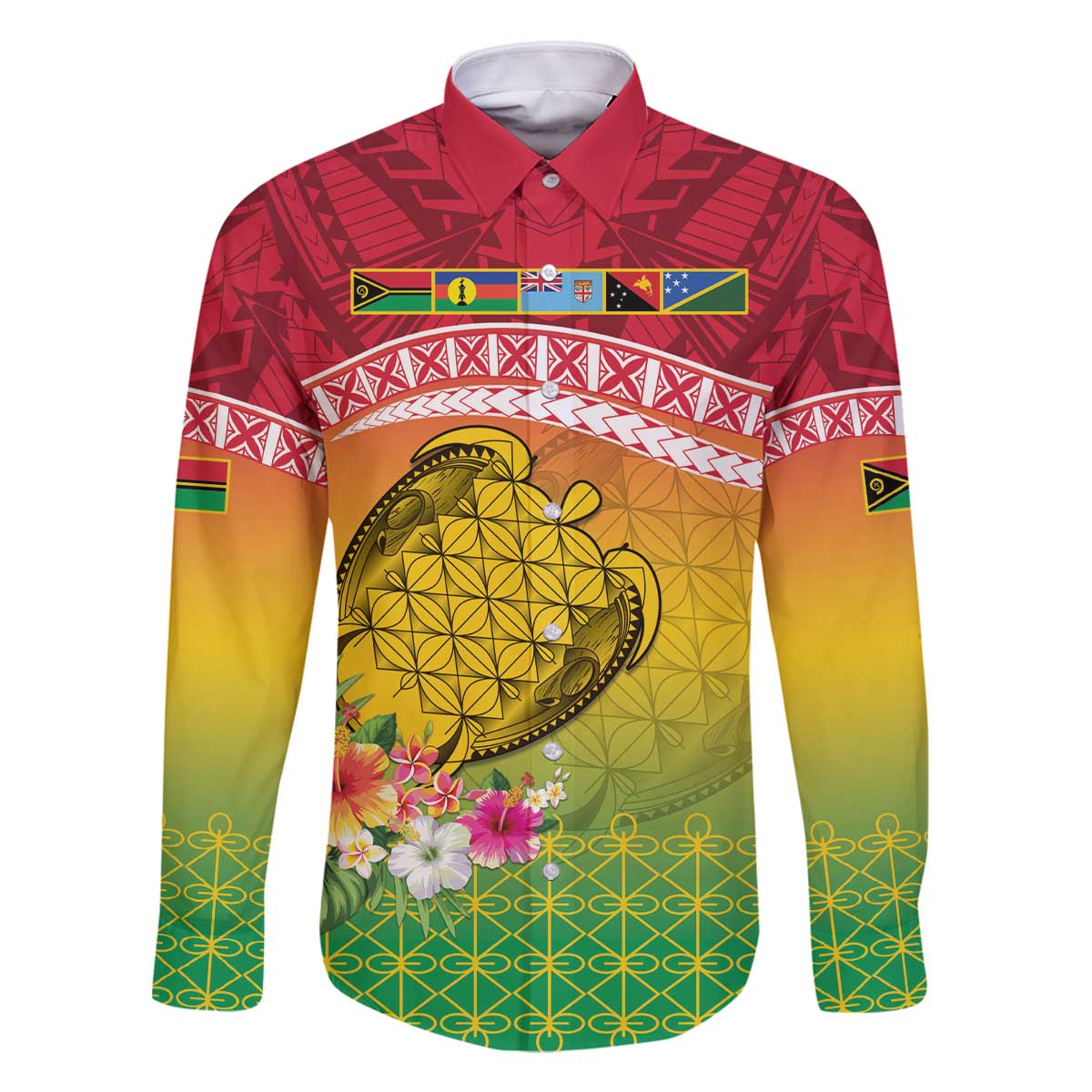 Melanesian Ni-Vanuatu Family Matching Off The Shoulder Long Sleeve Dress and Hawaiian Shirt Sea Turtle with Sand Drawing Pattern LT9 Dad's Shirt - Long Sleeve Reggae - Polynesian Pride