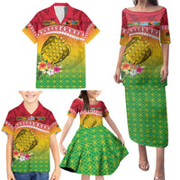 Melanesian Ni-Vanuatu Family Matching Puletasi and Hawaiian Shirt Sea Turtle with Sand Drawing Pattern