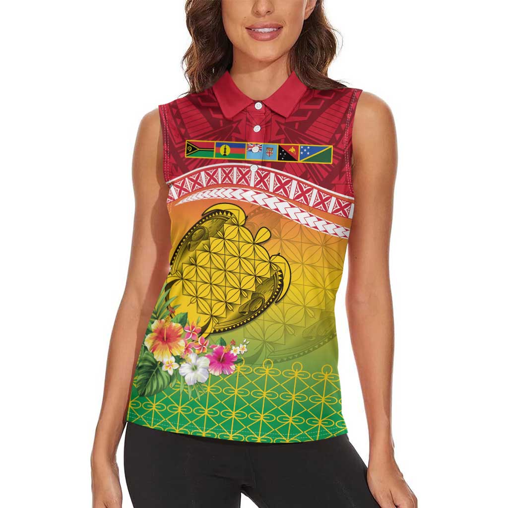 Melanesian Ni-Vanuatu Women Sleeveless Polo Shirt Sea Turtle with Sand Drawing Pattern