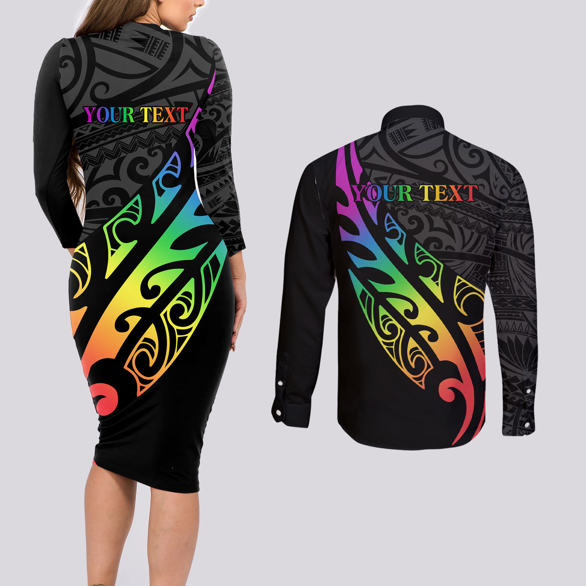Personalised New Zealand Wellington Pride Couples Matching Long Sleeve Bodycon Dress and Long Sleeve Button Shirt Maori Fern with Pride Flag 2024 LT9 - Polynesian Pride