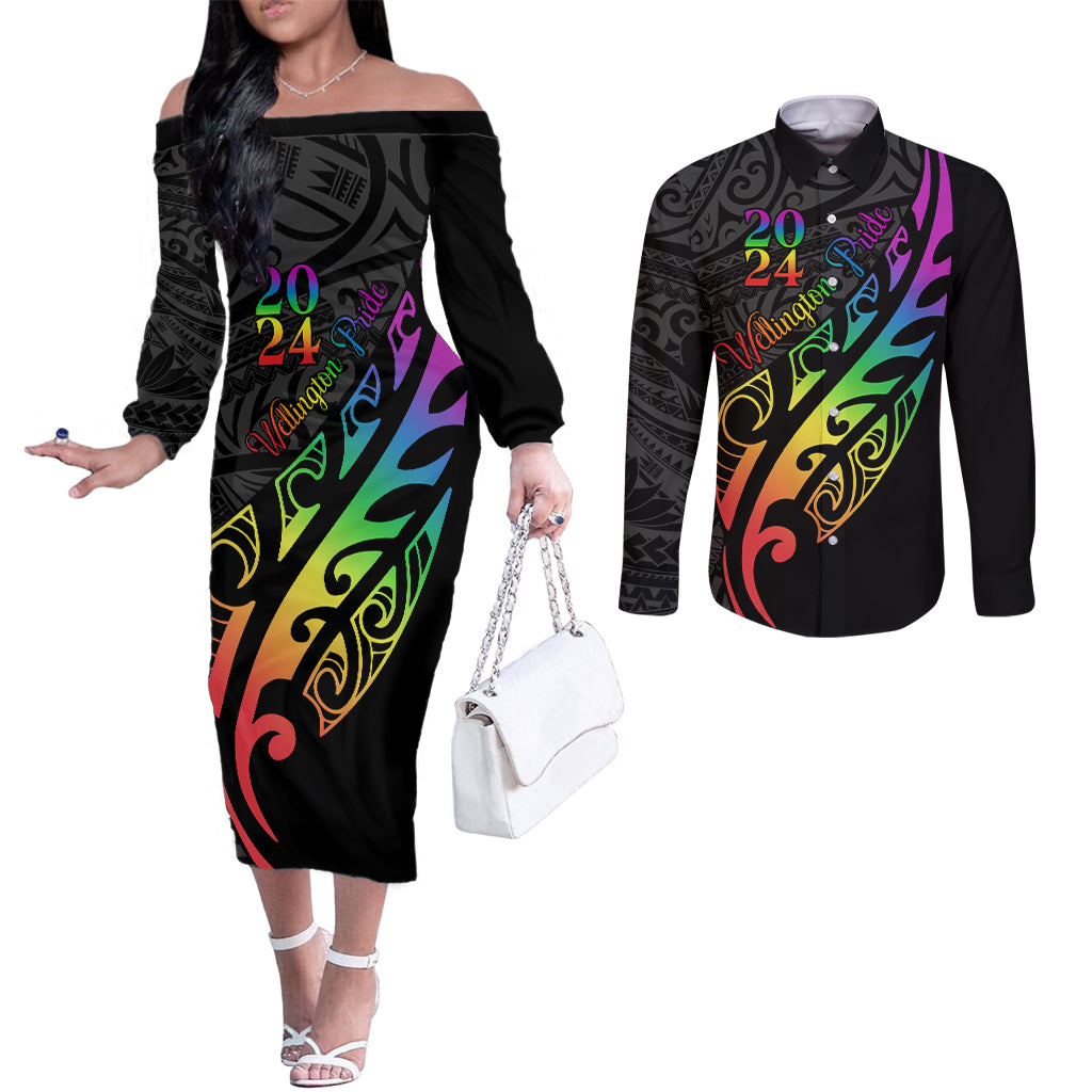 Personalised New Zealand Wellington Pride Couples Matching Off The Shoulder Long Sleeve Dress and Long Sleeve Button Shirt Maori Fern with Pride Flag 2024 LT9 Black - Polynesian Pride