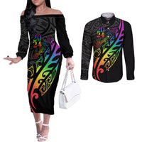 Personalised New Zealand Wellington Pride Couples Matching Off The Shoulder Long Sleeve Dress and Long Sleeve Button Shirt Maori Fern with Pride Flag 2024 LT9 Black - Polynesian Pride