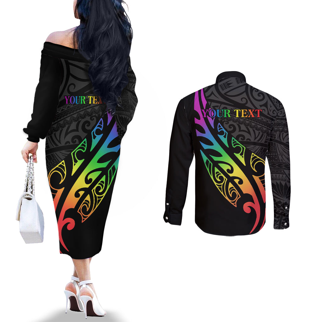 Personalised New Zealand Wellington Pride Couples Matching Off The Shoulder Long Sleeve Dress and Long Sleeve Button Shirt Maori Fern with Pride Flag 2024 LT9 - Polynesian Pride