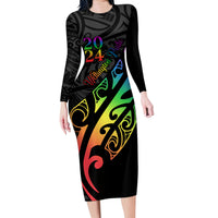Personalised New Zealand Wellington Pride Family Matching Long Sleeve Bodycon Dress and Hawaiian Shirt Maori Fern with Pride Flag 2024 LT9 Mom's Dress Black - Polynesian Pride