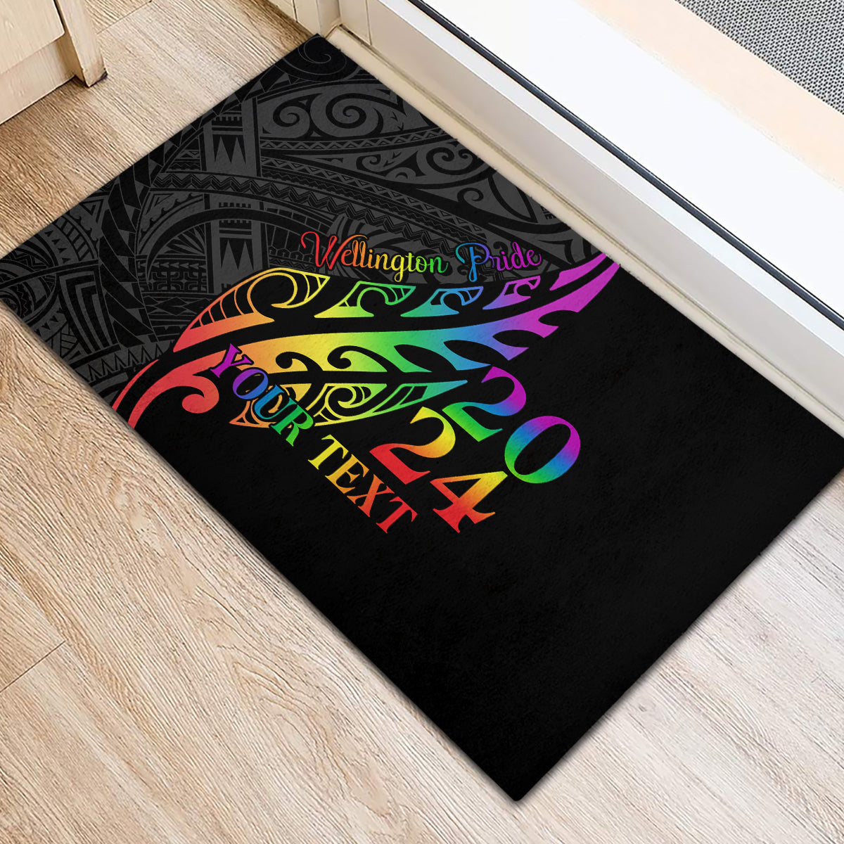 Personalised New Zealand Wellington Pride Rubber Doormat Maori Fern with Pride Flag 2024