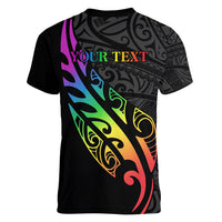 Personalised New Zealand Wellington Pride Women V Neck T Shirt Maori Fern with Pride Flag 2024 LT9 - Polynesian Pride