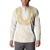 Aloha Lei Onaona Button Sweatshirt Beige Hawaiian Tribal Pattern