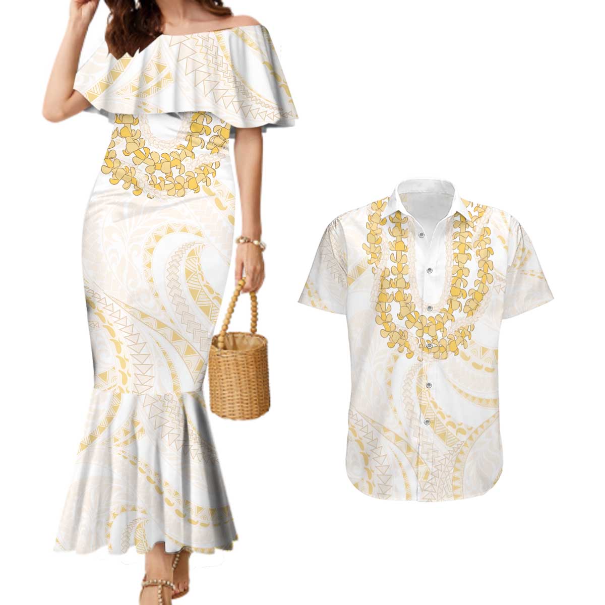 Aloha Lei Onaona Couples Matching Mermaid Dress and Hawaiian Shirt Beige Hawaiian Tribal Pattern