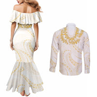 Aloha Lei Onaona Couples Matching Mermaid Dress and Long Sleeve Button Shirt Beige Hawaiian Tribal Pattern