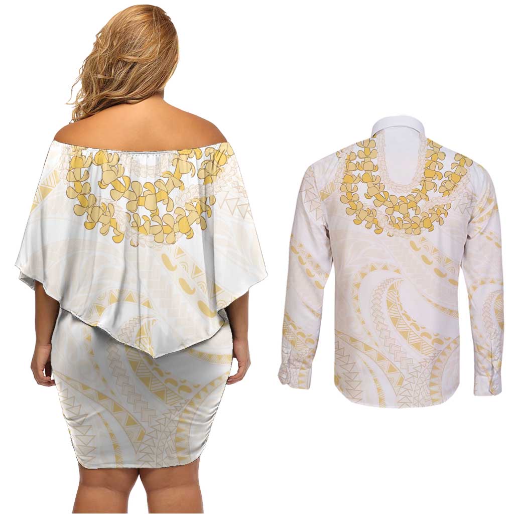 Aloha Lei Onaona Couples Matching Off Shoulder Short Dress and Long Sleeve Button Shirt Beige Hawaiian Tribal Pattern