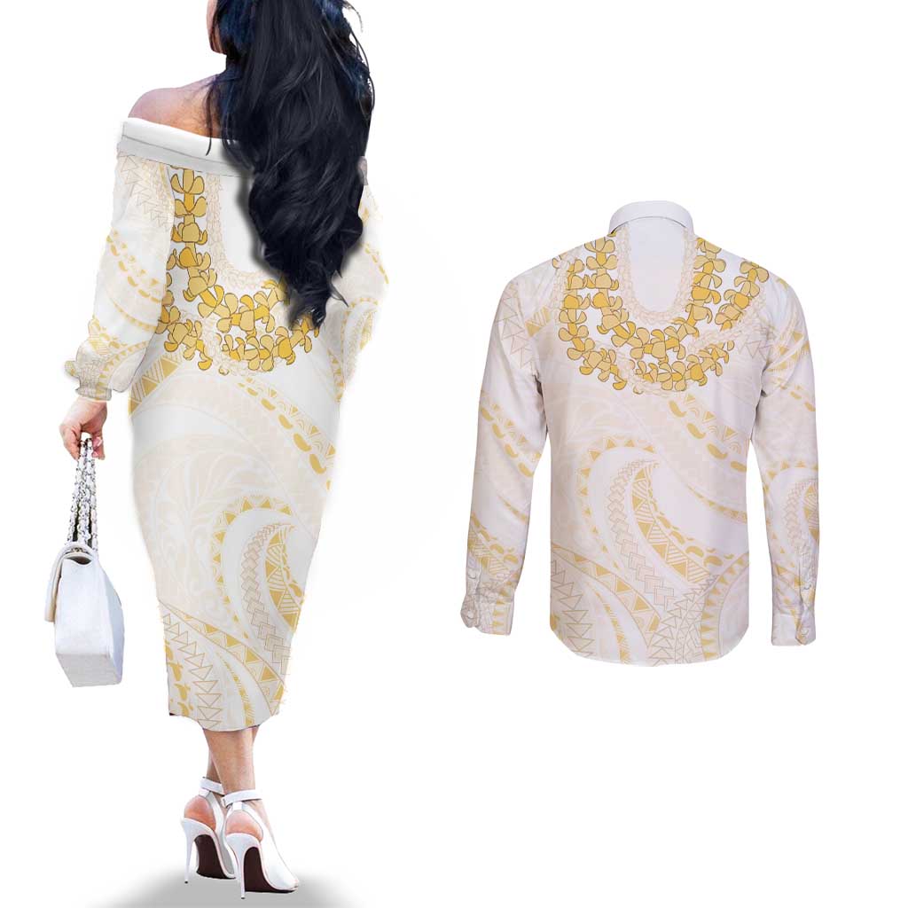 Aloha Lei Onaona Couples Matching Off The Shoulder Long Sleeve Dress and Long Sleeve Button Shirt Beige Hawaiian Tribal Pattern