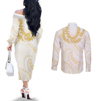 Aloha Lei Onaona Couples Matching Off The Shoulder Long Sleeve Dress and Long Sleeve Button Shirt Beige Hawaiian Tribal Pattern