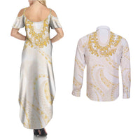 Aloha Lei Onaona Couples Matching Summer Maxi Dress and Long Sleeve Button Shirt Beige Hawaiian Tribal Pattern