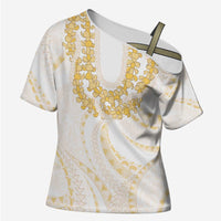 Aloha Lei Onaona Cross Shoulder Shirt Beige Hawaiian Tribal Pattern - Polynesian Pride