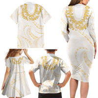 Aloha Lei Onaona Family Matching Long Sleeve Bodycon Dress and Hawaiian Shirt Beige Hawaiian Tribal Pattern LT9 - Polynesian Pride