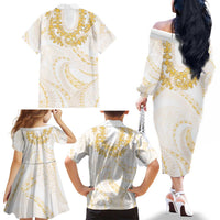 Aloha Lei Onaona Family Matching Off The Shoulder Long Sleeve Dress and Hawaiian Shirt Beige Hawaiian Tribal Pattern LT9 - Polynesian Pride