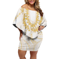 Aloha Lei Onaona Family Matching Off Shoulder Short Dress and Hawaiian Shirt Beige Hawaiian Tribal Pattern LT9 Mom's Dress Beige - Polynesian Pride
