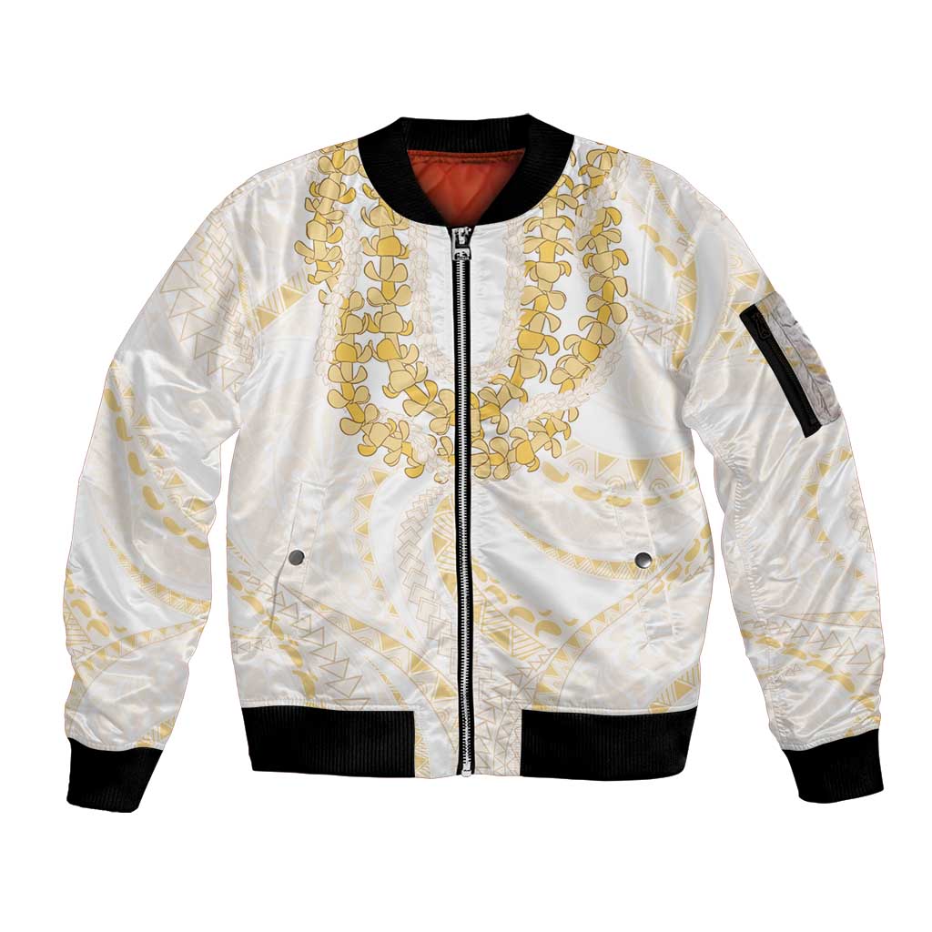 Aloha Lei Onaona Sleeve Zip Bomber Jacket Beige Hawaiian Tribal Pattern
