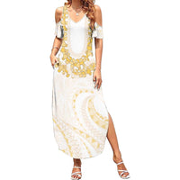 Aloha Lei Onaona Summer Maxi Dress Beige Hawaiian Tribal Pattern