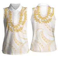 Aloha Lei Onaona Women Sleeveless Polo Shirt Beige Hawaiian Tribal Pattern