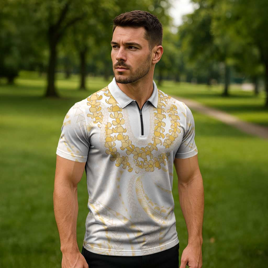 Aloha Lei Onaona Zipper Polo Shirt Beige Hawaiian Tribal Pattern - Polynesian Pride