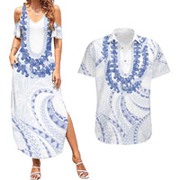 Aloha Lei Onaona Couples Matching Summer Maxi Dress and Hawaiian Shirt Navy Blue Hawaiian Tribal Pattern