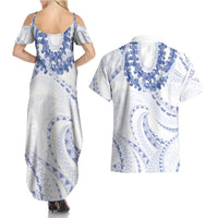 Aloha Lei Onaona Couples Matching Summer Maxi Dress and Hawaiian Shirt Navy Blue Hawaiian Tribal Pattern