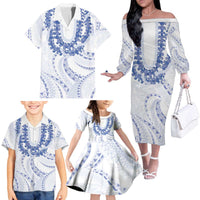 Aloha Lei Onaona Family Matching Off The Shoulder Long Sleeve Dress and Hawaiian Shirt Navy Blue Hawaiian Tribal Pattern LT9 - Polynesian Pride