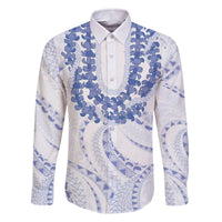 Aloha Lei Onaona Family Matching Off The Shoulder Long Sleeve Dress and Hawaiian Shirt Navy Blue Hawaiian Tribal Pattern LT9 Dad's Shirt - Long Sleeve Blue - Polynesian Pride